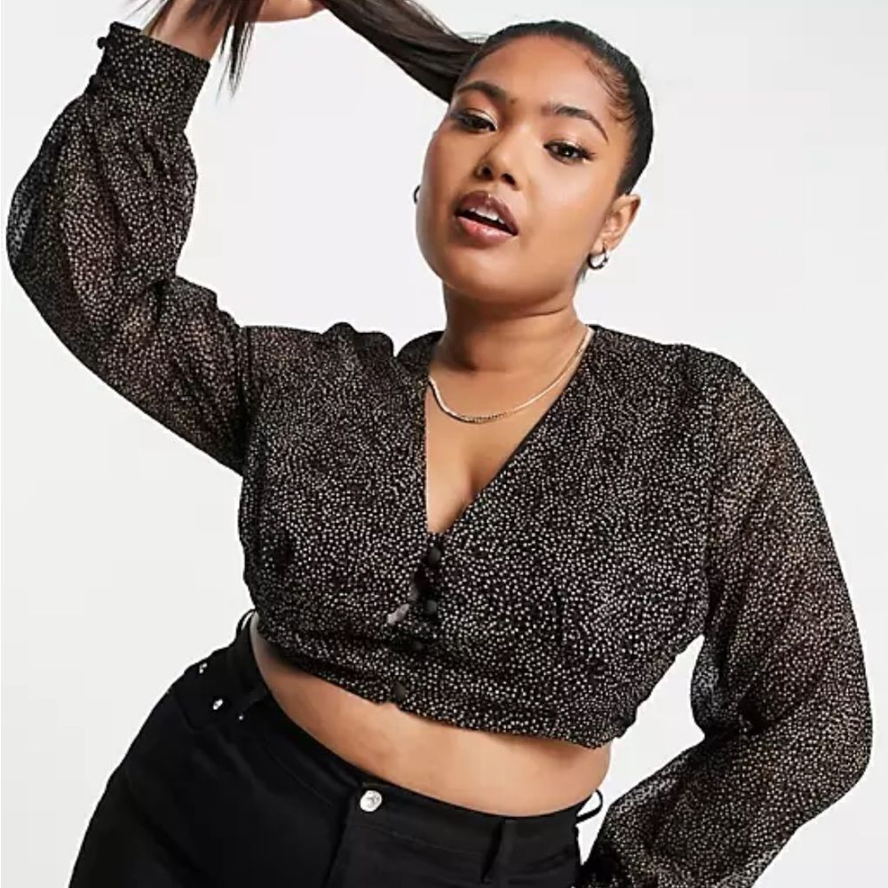 Koco & K Plus volume sleeve crop top in disty print Long Sleeves Button Up Shirt